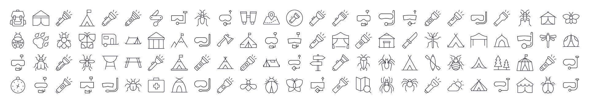 Camping Line Icon Pack. Modern Collection for Design, Web Sites, Apps, Cards. Contains Linear Images of Flashlight, Diving Mask, Tent, Axe, Insect vector