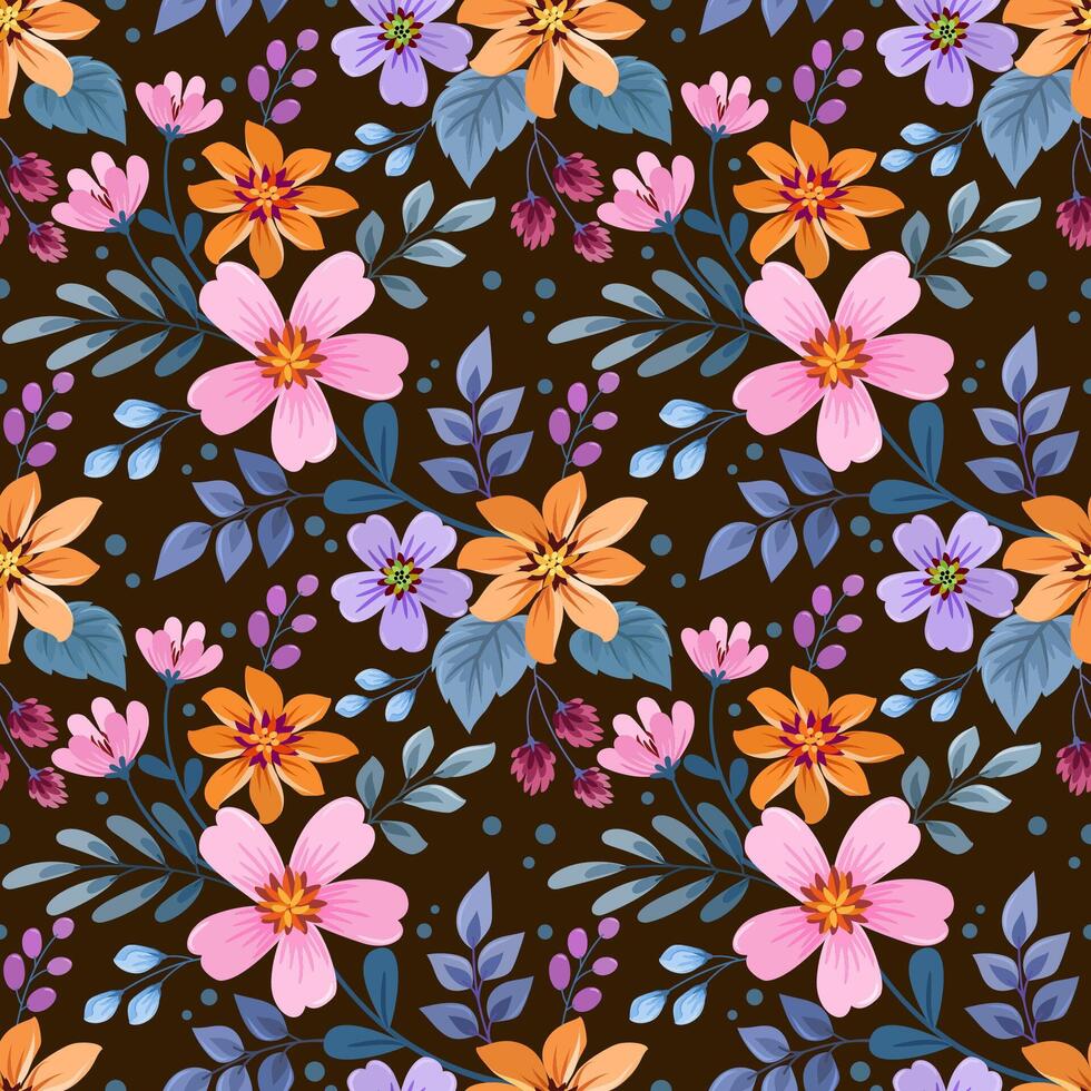 Cute colorful flowers and leaf on dark brown color pattern. vector