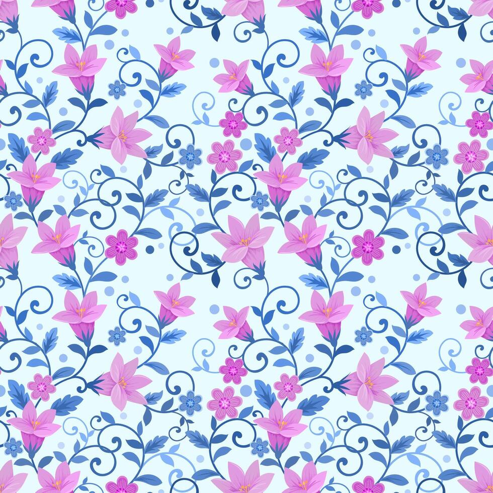 Pink flowers with green leaf seamless pattern. vector