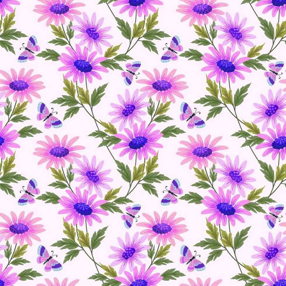 Pink flowers with green leaf seamless pattern. vector