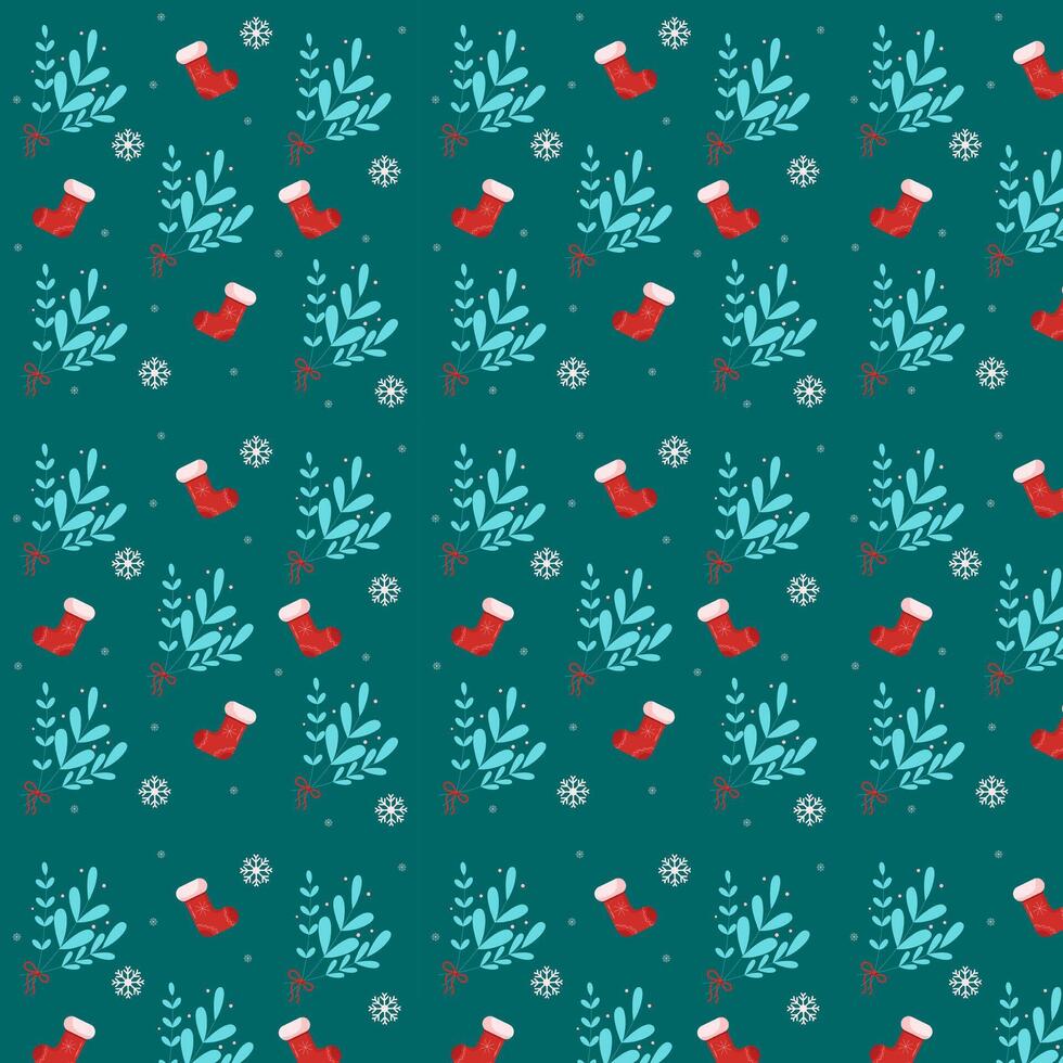Christmas seamless pattern. Snowflakes, twig and sock. illustration, traditional colors vector