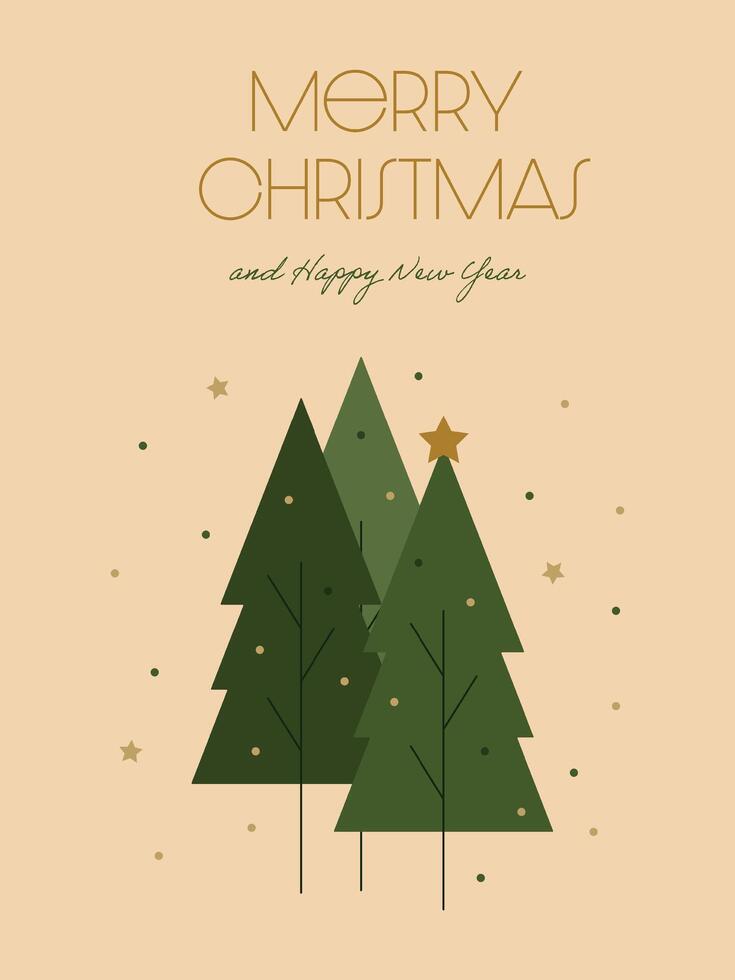 Christmas postcard. Happy New Year. Festive flat design. illustration. Christmas trees and snow. Green and gold color. vector