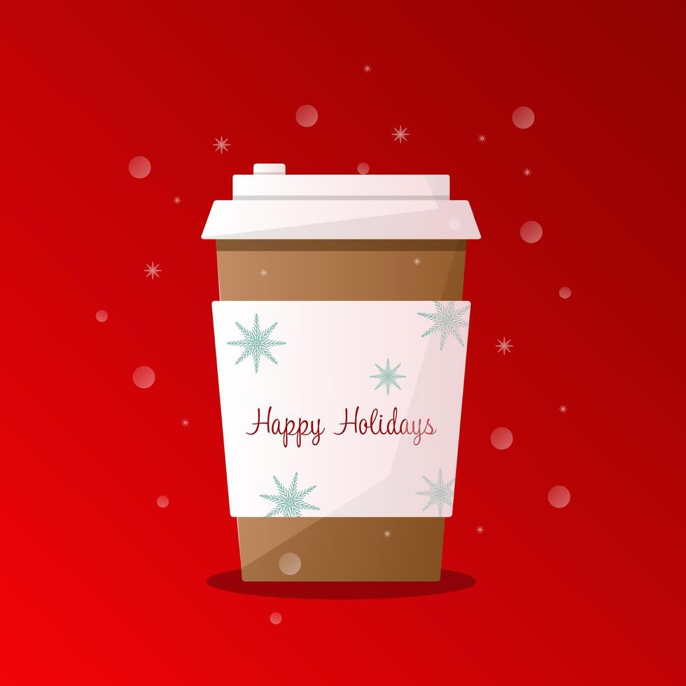 A glass of coffee with winter decoration with snowflakes on a red background. Inscription Happy Holidays. illustration with gradient. vector