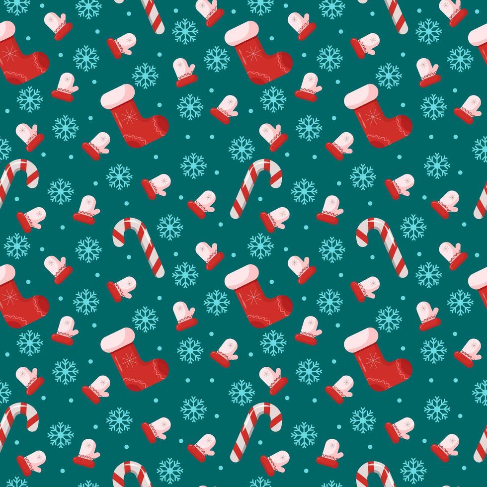 Christmas seamless pattern. Snowflakes and sock. illustration, traditional colors vector