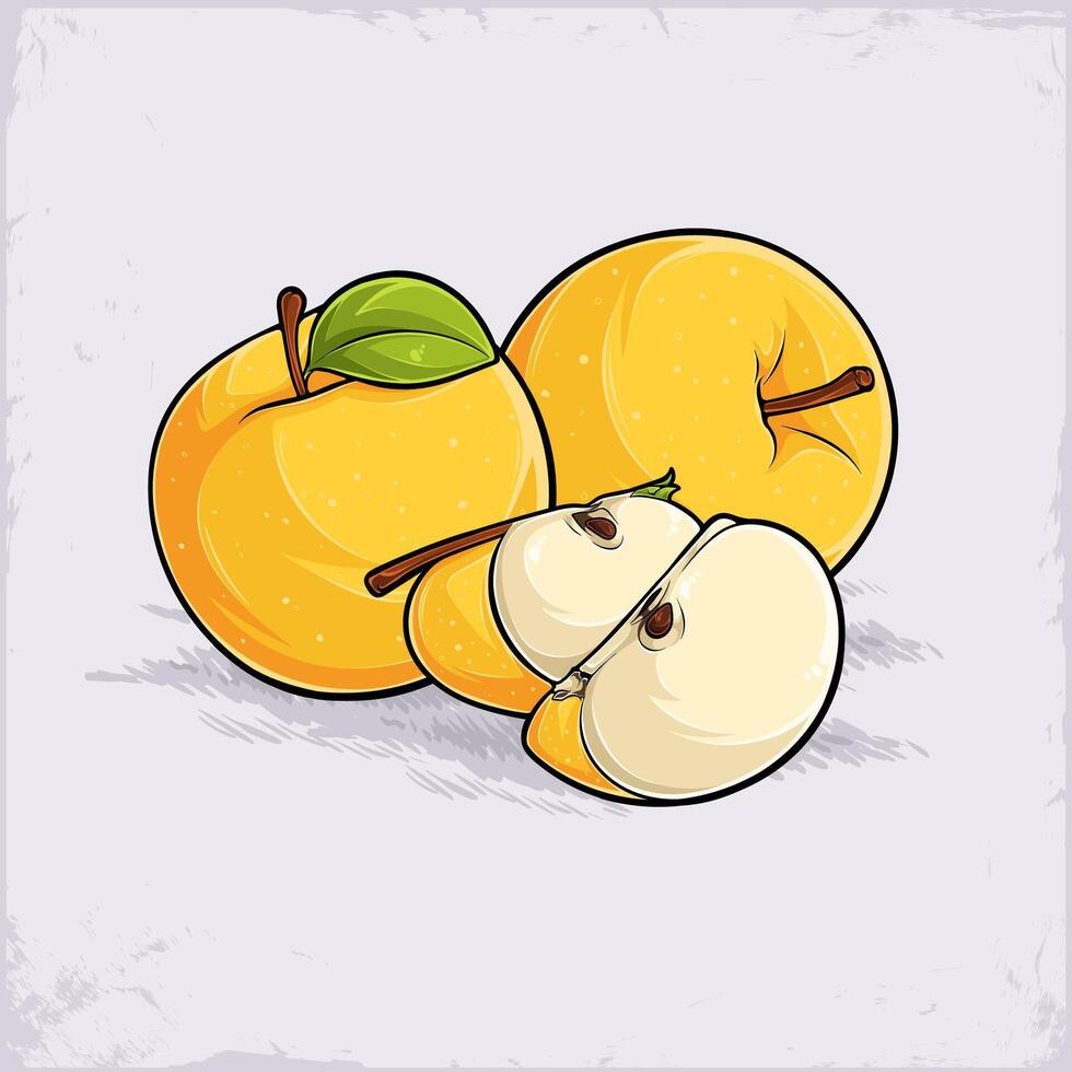 Hand drawn fresh organic healthy yellow set of full and cut out apples with seeds and green leaf vector