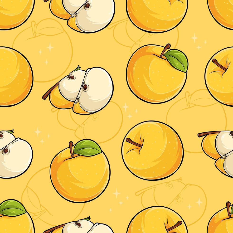 Hand drawn seamless pattern of tasty organic full and cut out sliced yellow apples, rich of vitamins vector
