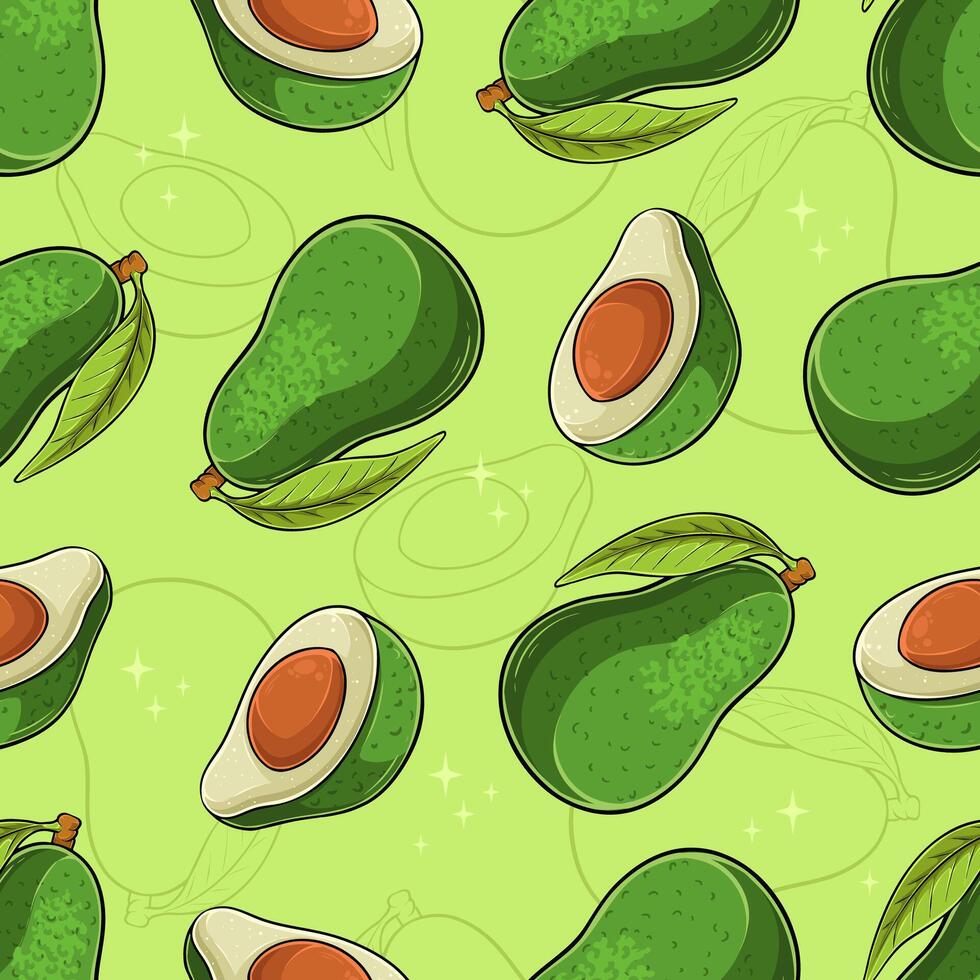 Hand drawn seamless pattern of fresh healthy green full and cut out avocado with seeds inside vector