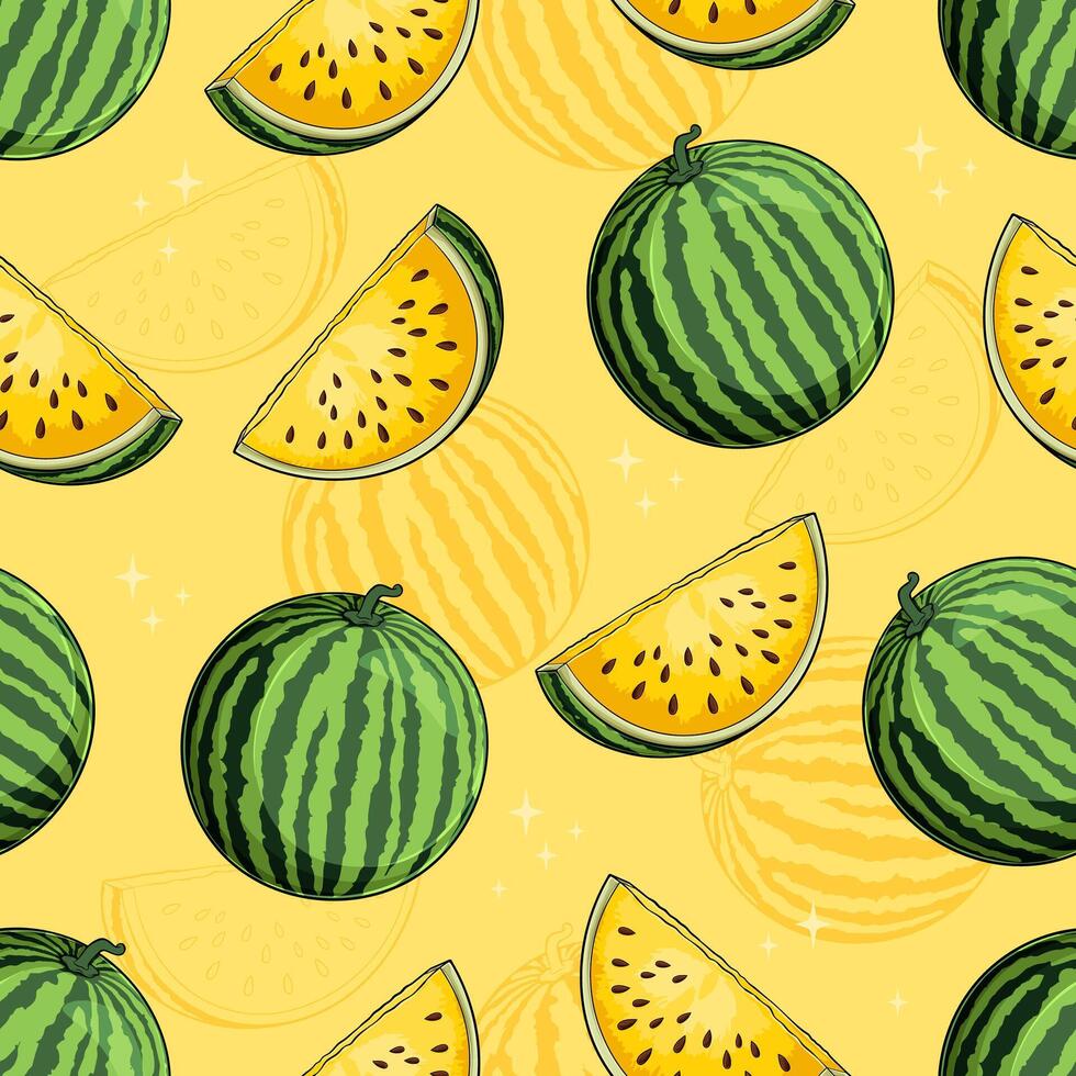 Hand drawn seamless pattern of juicy organic yellow watermelon with fresh slice and black seeds vector