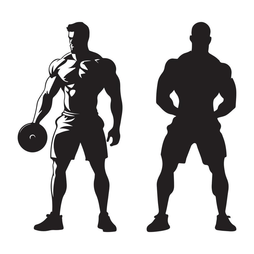 A bold gym man silhouette with a muscular build and a confident pose, symbolizing power, fitness, and determination in a minimalist design. vector
