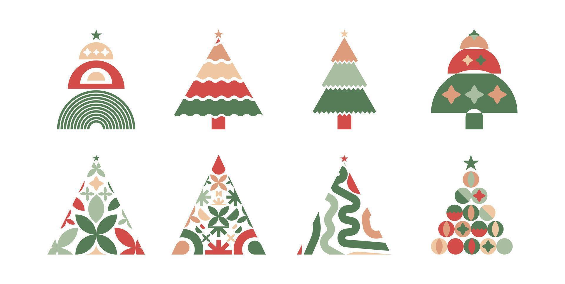 Modern Geometric Minimalist Christmas Tree Illustration Set Featuring Abstract Holiday Decor in Green, Red, and Beige for Seasonal Designs vector