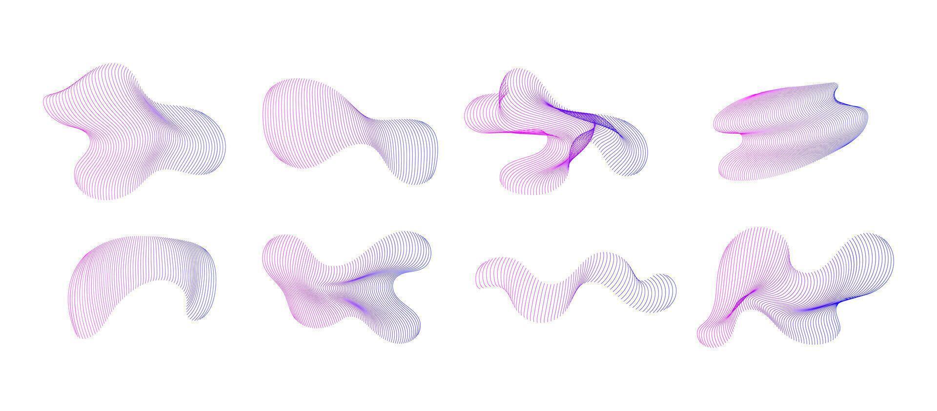 Abstract Gradient Fluid Shapes with Striped Texture in Pink and Purple isolated on white background. Abstract curved gradient with line waves illustration vector