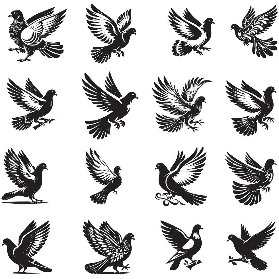 Set of pigeon silhouette vector
