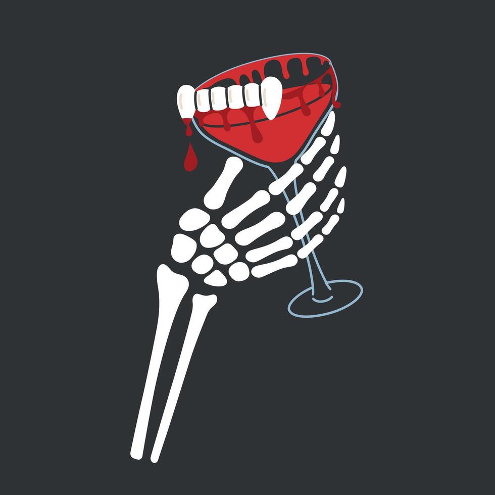 Halloween illustration of skeleton hand holding martini glass with vampire fangs and dripping blood, Dracula cocktail, perfect for spooky designs and horror party concepts. Flat cartoon style vector
