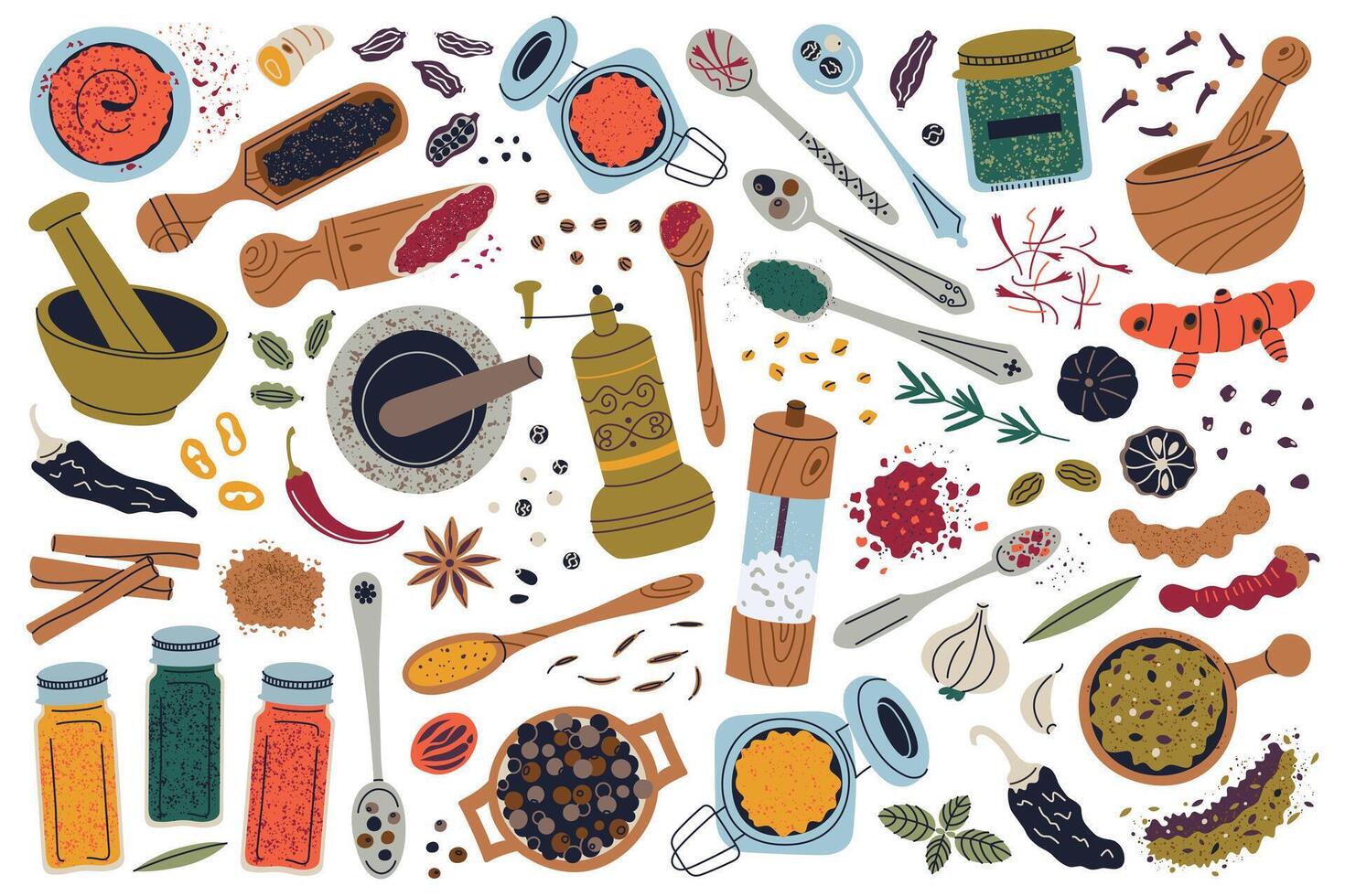 illustration set of spices, herbs, and seasonings for cooking. Turmeric, chili, saffron, mortar and grinder, jars with various spice, spoons, and more. Flat cartoon doodle, culinary ingredients vector