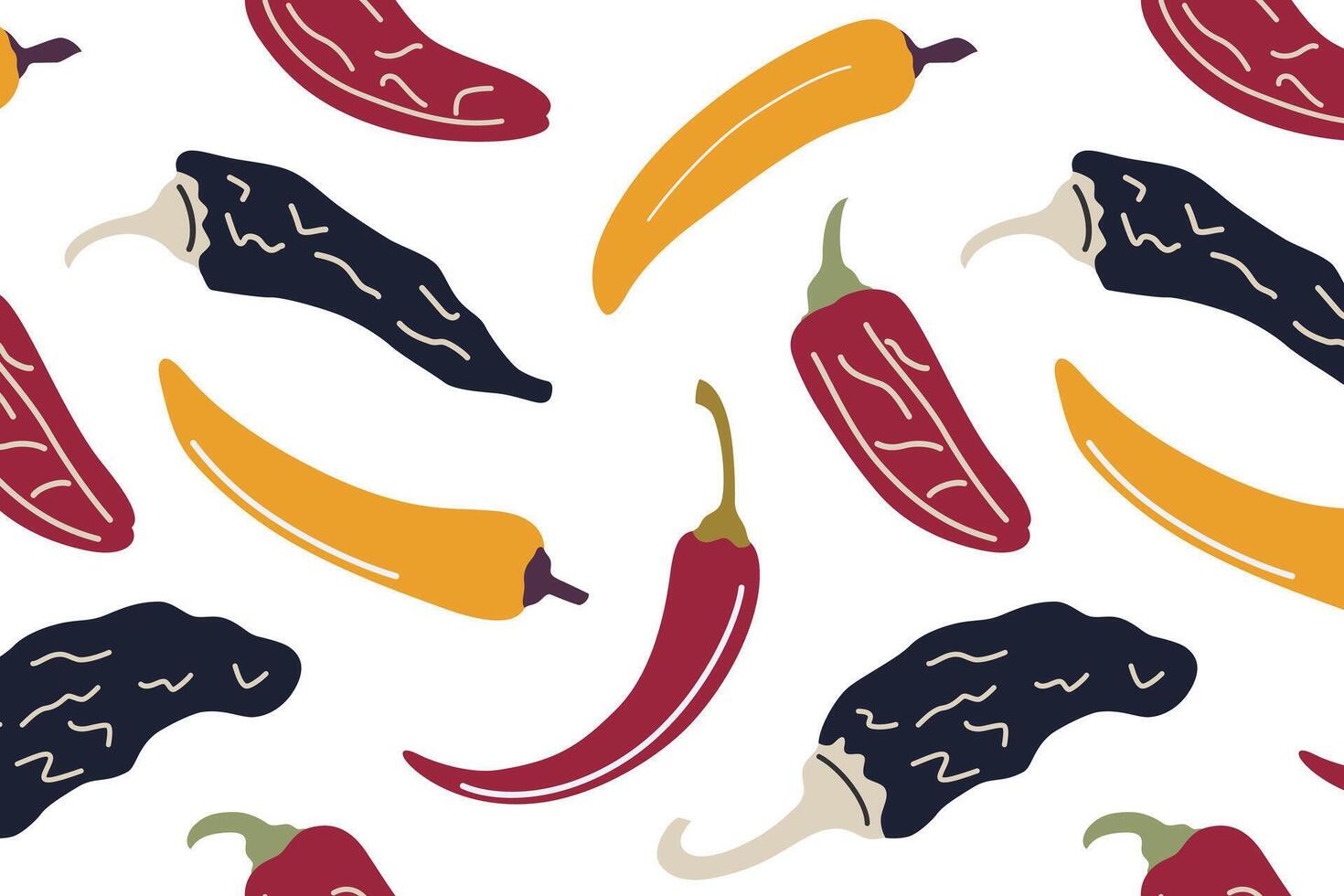 Seamless pattern of various peppers, banana pepper, chili, black dried pepper chipotle, and paprika, on white background. illustration in flat cartoon style, for spices, and culinary designs vector