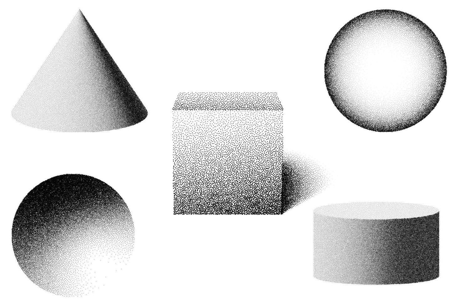 gritty 3D shapes with grain gradient effect in isolated on white. Noise cube, cylinder, cone, and tryangle with grainy dot texture rotate in perspective, light, and shadow. 3D geometric design vector
