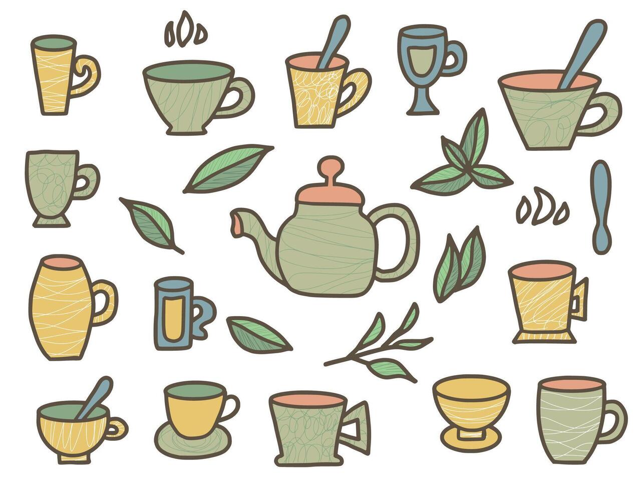 Tea set. Cups and teapots. illustration. vector