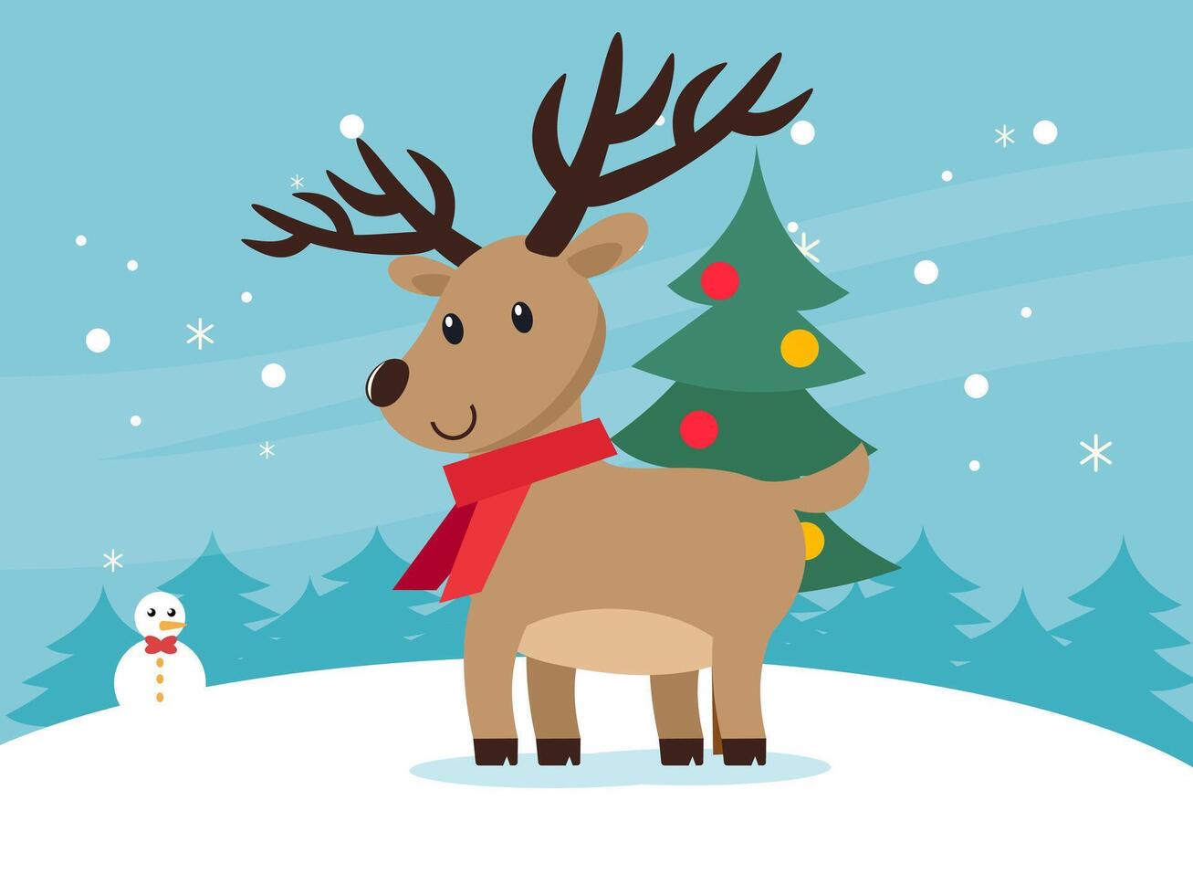 christmas deer illustration standing on snow. christmas card with snowman and christmas tree vector