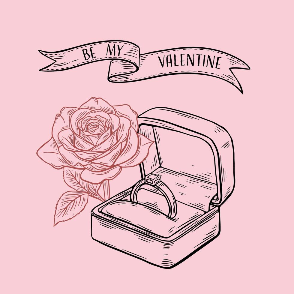 Be my valentine, card sketch engraving for valentine's day. A rose and a ring vector