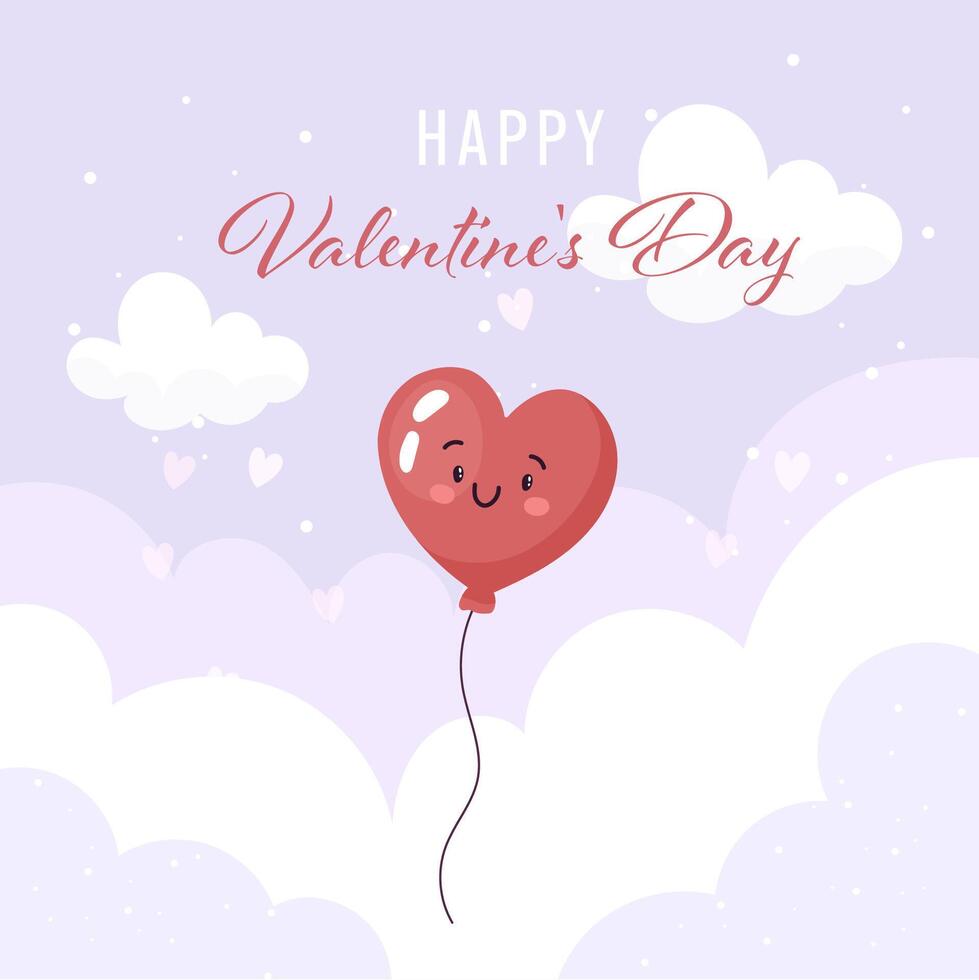 Happy Valentine's Day, cute balloon card with sky background, square. vector