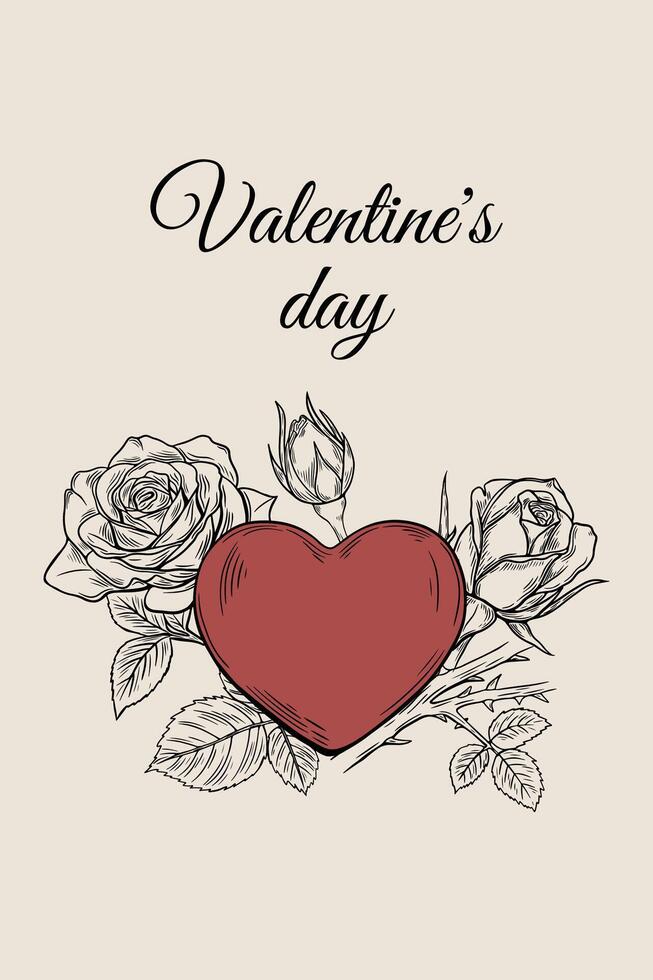 Valentine's day poster, postcard, banner. In the style of engraving, sketch, tattoo. Roses and heart. vector