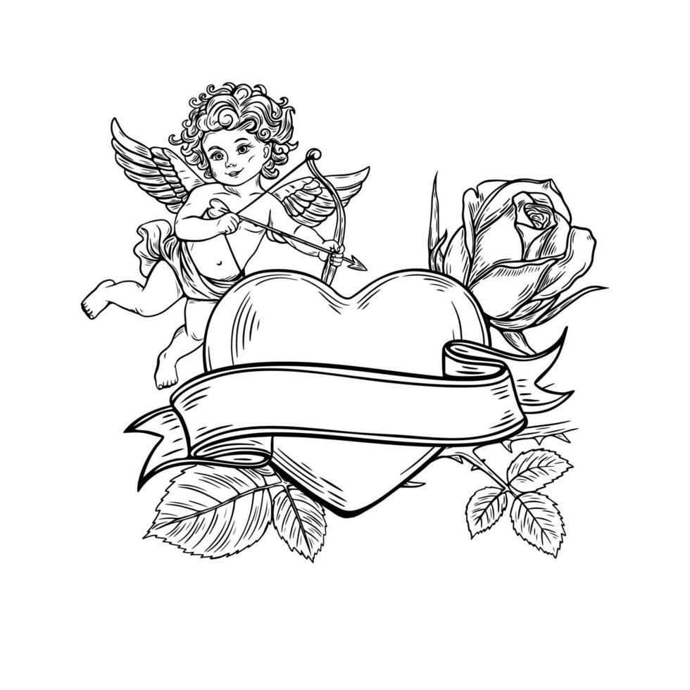 Valentine's day card, with copy space, rose, heart and cupid. In engraving style, sketch. vector