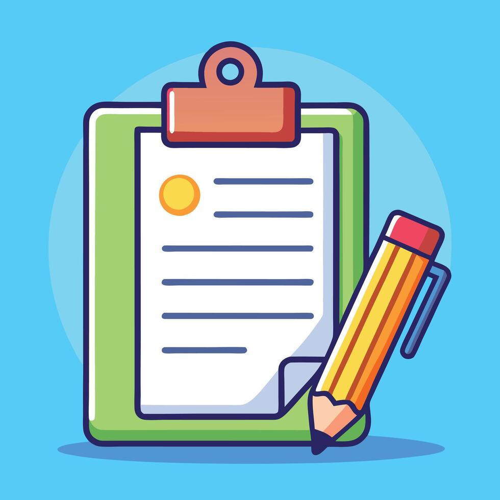 Clip Board, Paper And Pencil Cartoon Icon Illustration. Education Object Icon Concept Isolated . Flat Cartoon Style vector