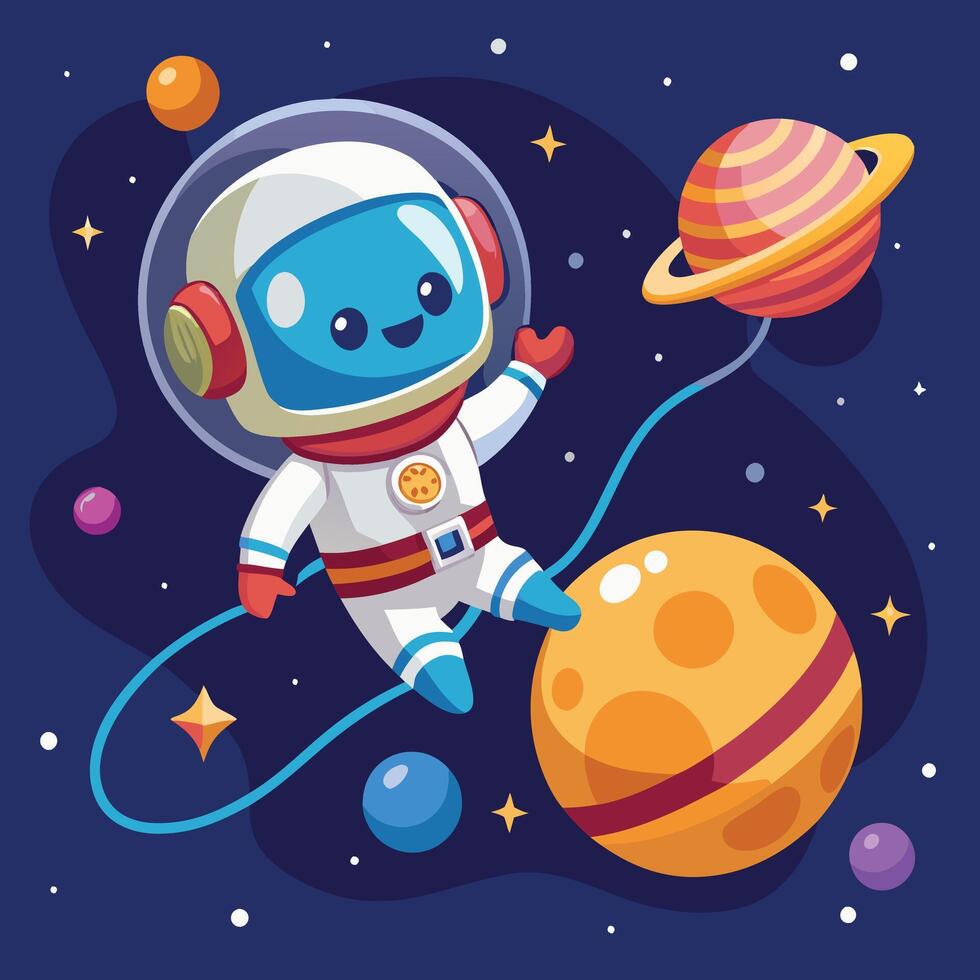 Cute Astronaut Floating With Planet Balloon In Space Cartoon Icon Illustration. Technology Science Icon Concept Isolated Premium . Flat Cartoon Style vector