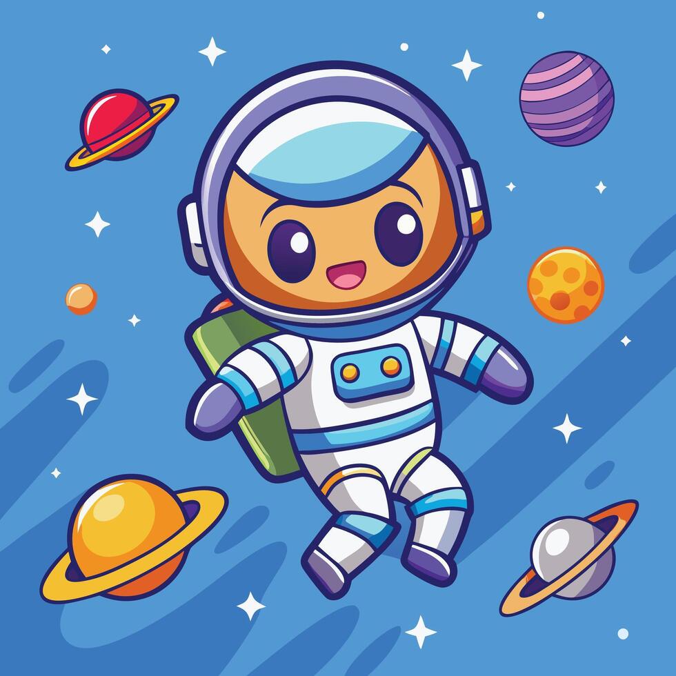 Cute Astronaut Flying In Space Cartoon Icon Illustration on blue. vector