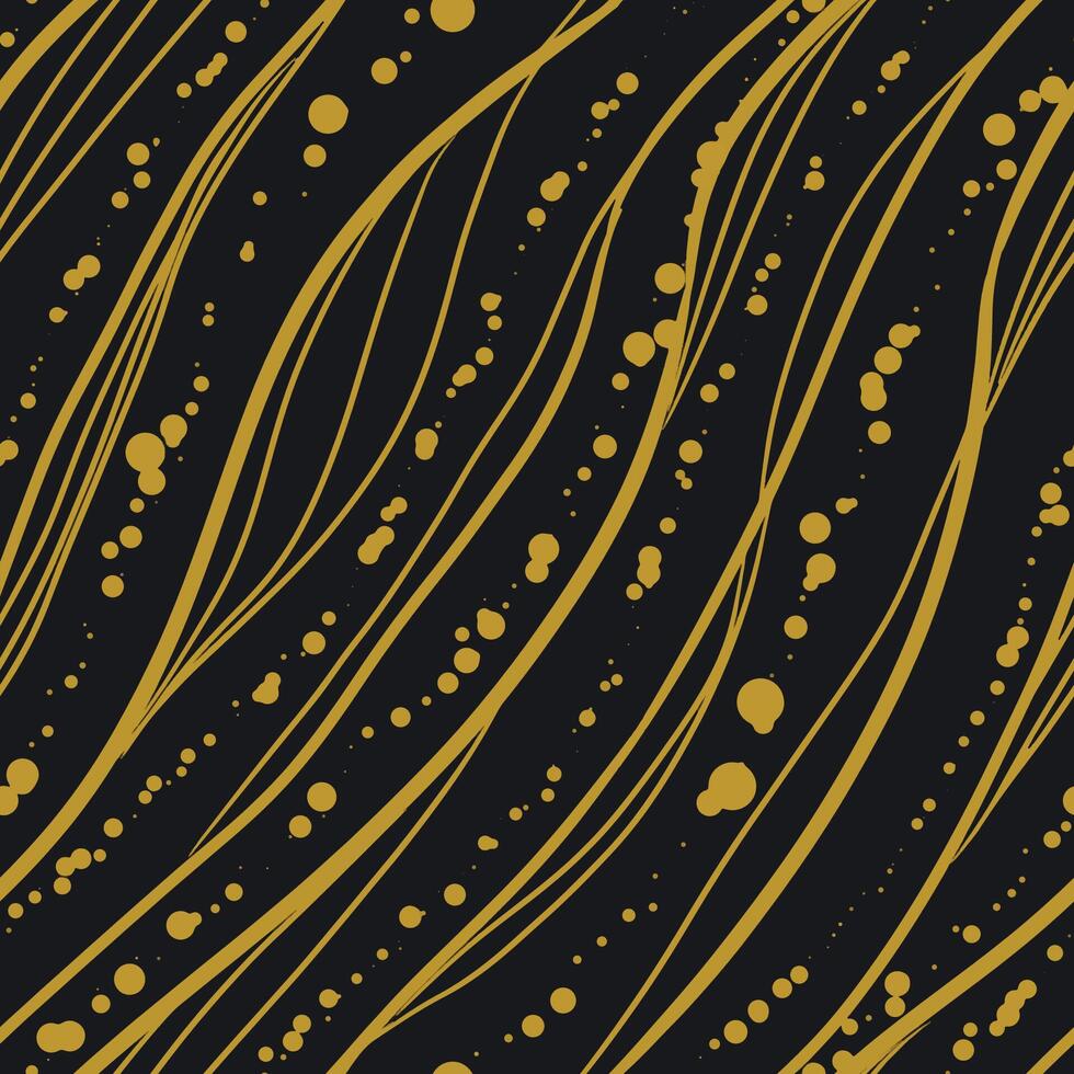 Abstract seamless pattern with hand drawn lines and spots. Golden stripes, waves on black background. vector