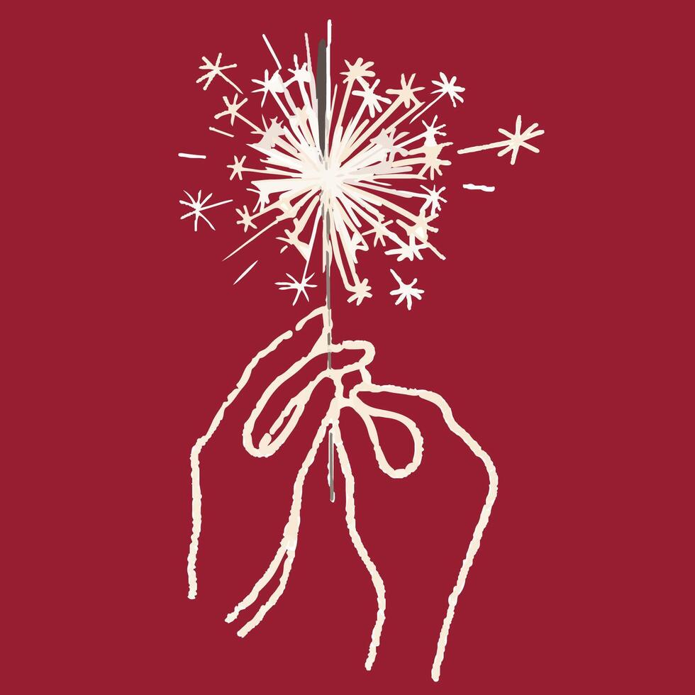 Hand drawn pencil sketch of two hand keeping sparkler. Bengal light sparkles icon isolated on red. vector