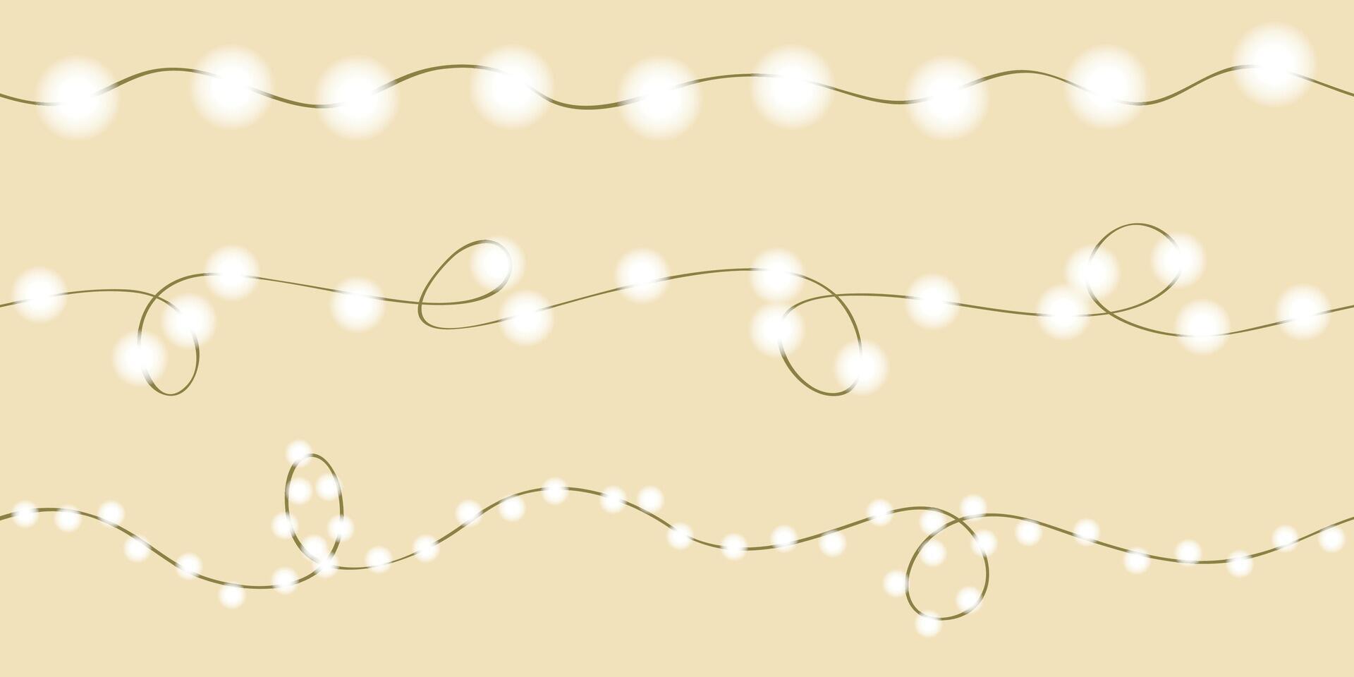 Seamless garlands with white light bulbs different sizes. The wires have loops and waves. Christmas, New Year decoration isolated on brown. vector