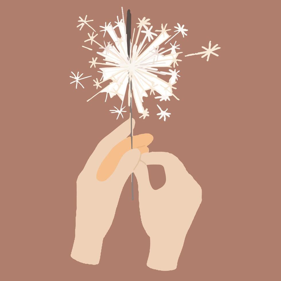 Hand drawn cartoon flat illustration of two hand keeping sparkler. Bengal light sparkles icon isolated on brown. vector