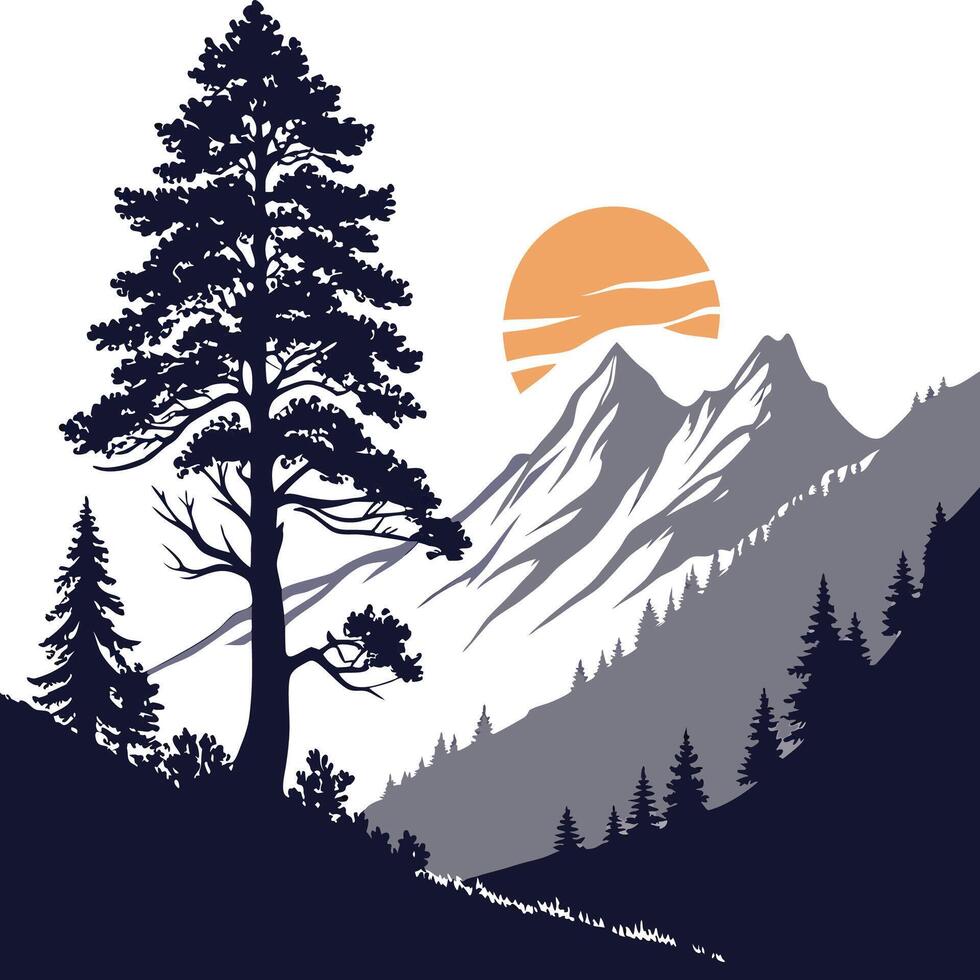Mountain landscape with pine trees and sun vector