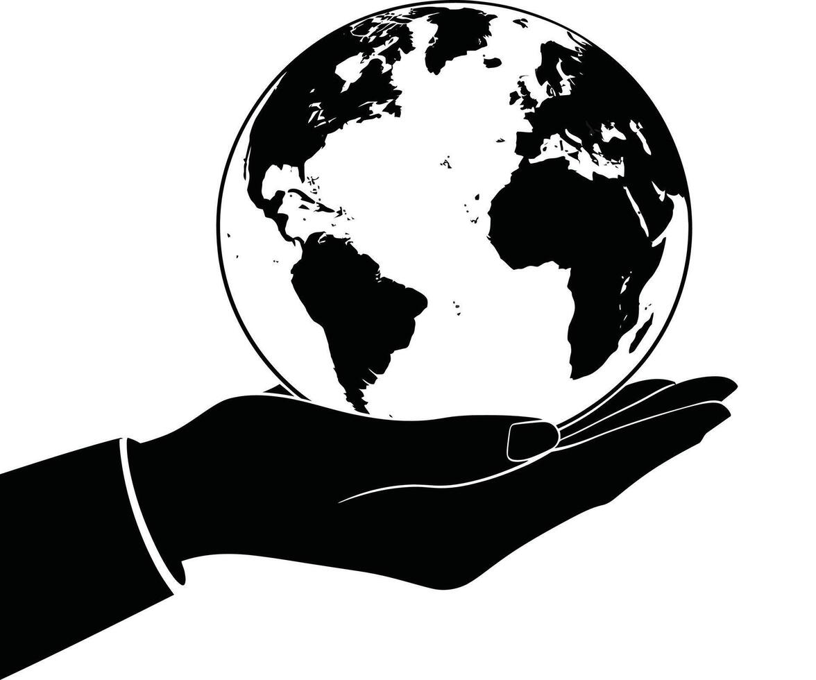 A hand holding a globe in black and white vector