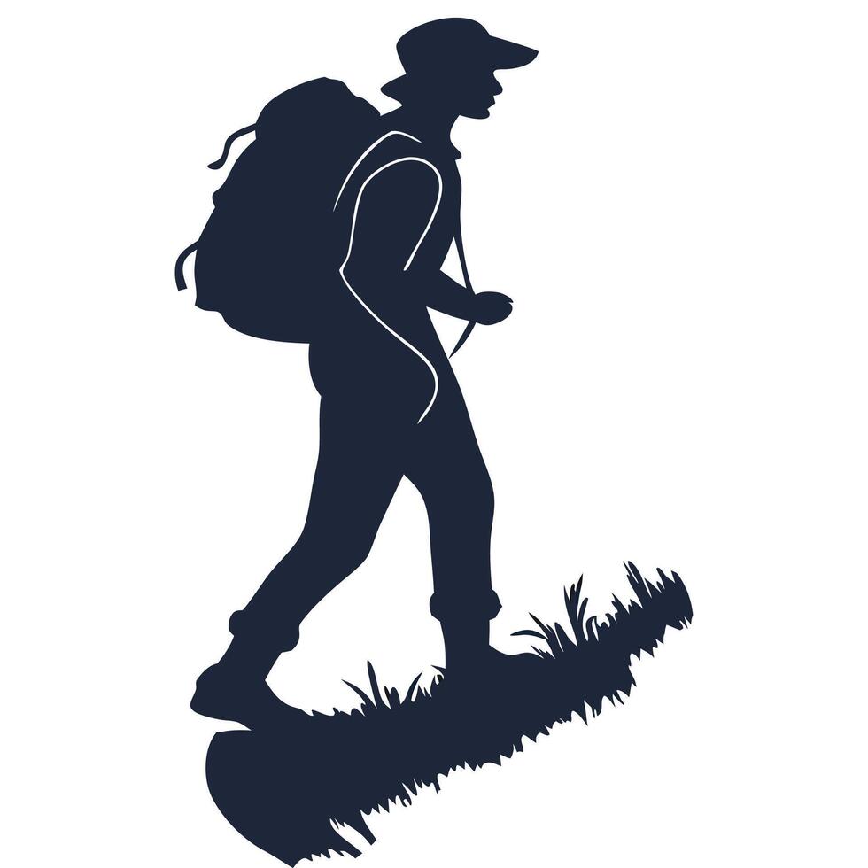 Silhouette of a man hiking with a backpack vector