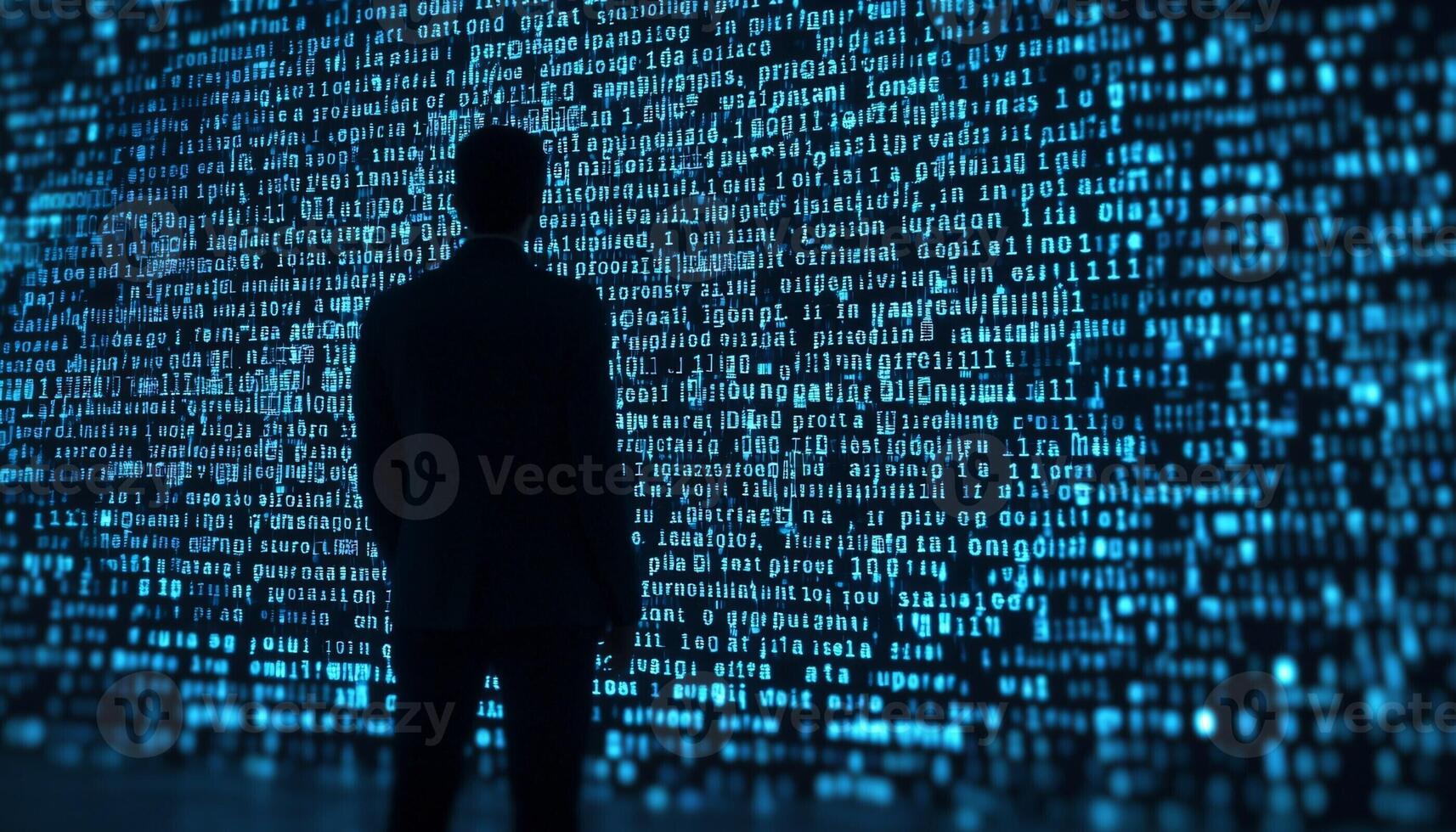 Exploring the depths of digital data a solitary figure contemplates the vastness of binary code and its implications on technology and society photo