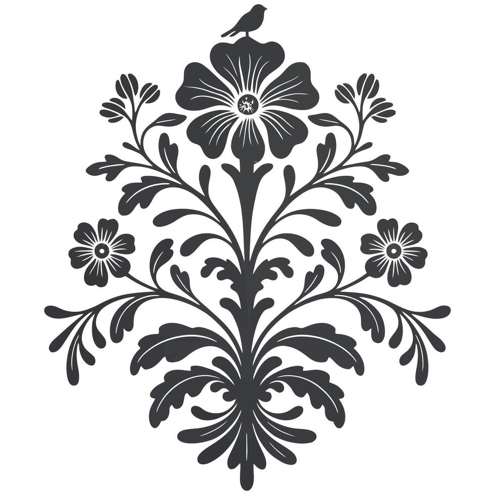 A black and white floral design with a bird on top vector