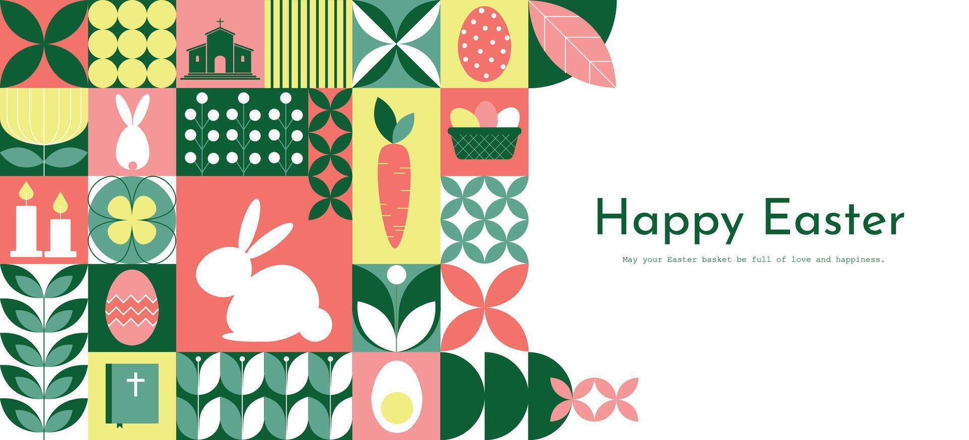 Greeting horizontal geometric Easter card. Happy Easter modern abstract mosaic poster, card, banner. illustration vector