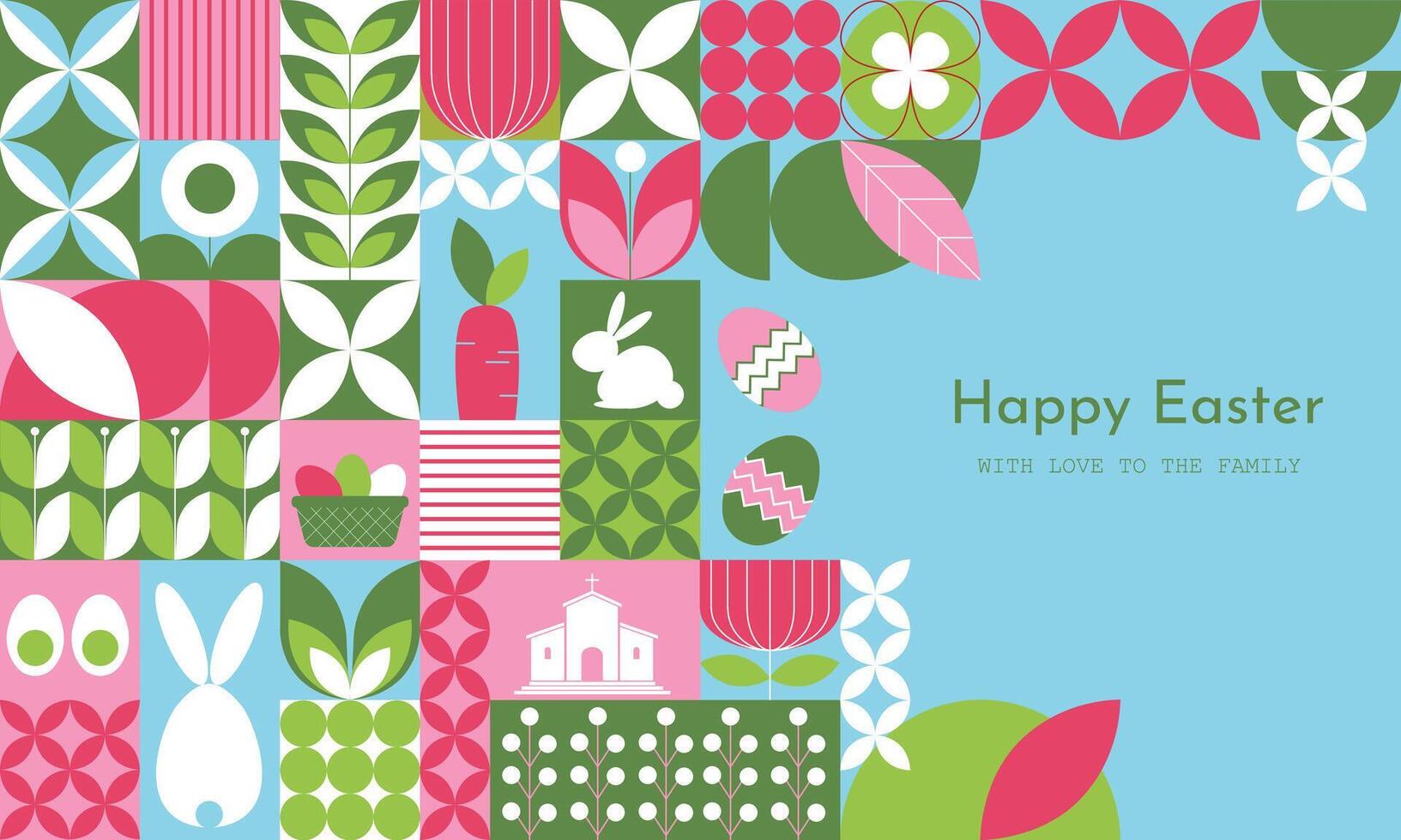 Modern geometric Easter card with abstract mosaic design. Horizontal banner featuring Happy Easter text. Perfect for festive greetings. vector