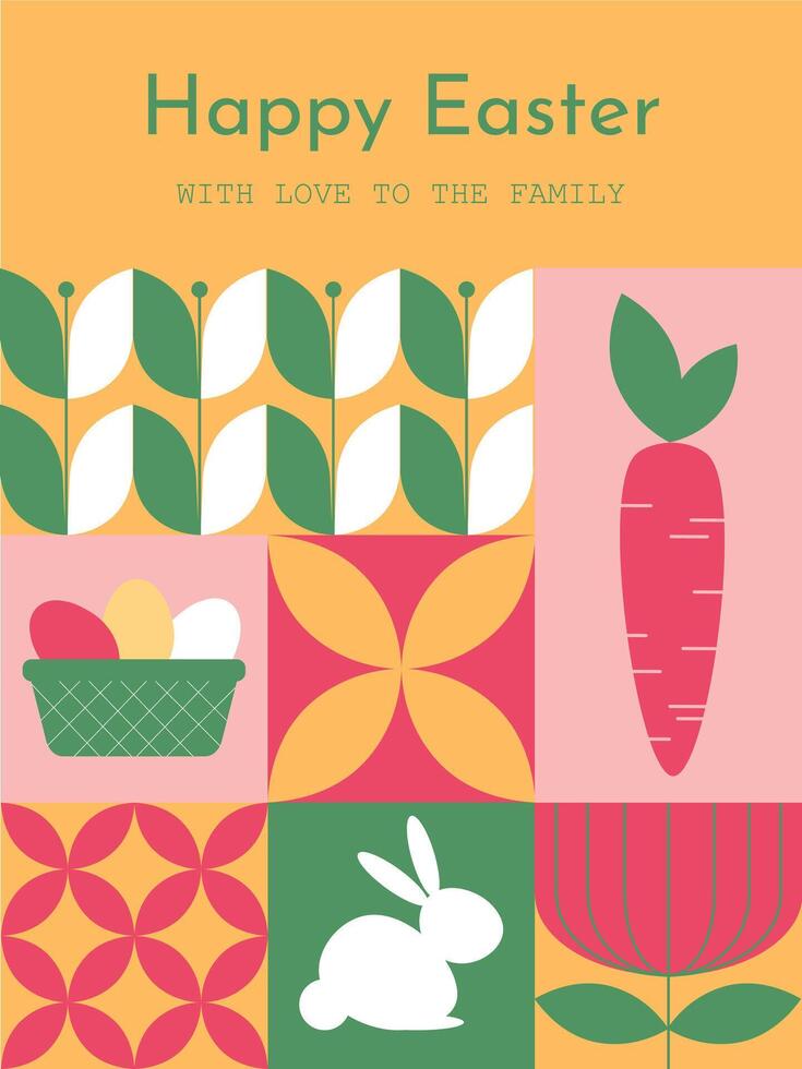 Easter holiday abstract geometric pattern featuring rabbits, Easter bunnies, and eggs, perfect for wallpaper, web, banners, or festive designs. vector