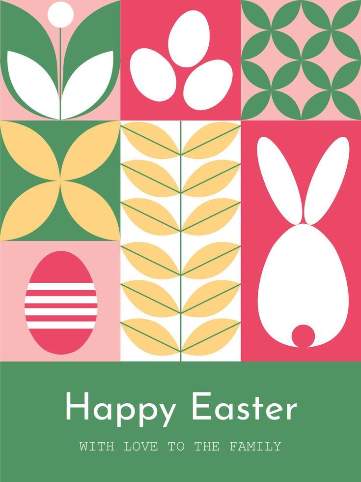 Easter greeting geometric banner with simple symbols like eggs, bunnies, and flowers, featuring wishing text. Ideal for posters, flyers, web, and festive covers. vector
