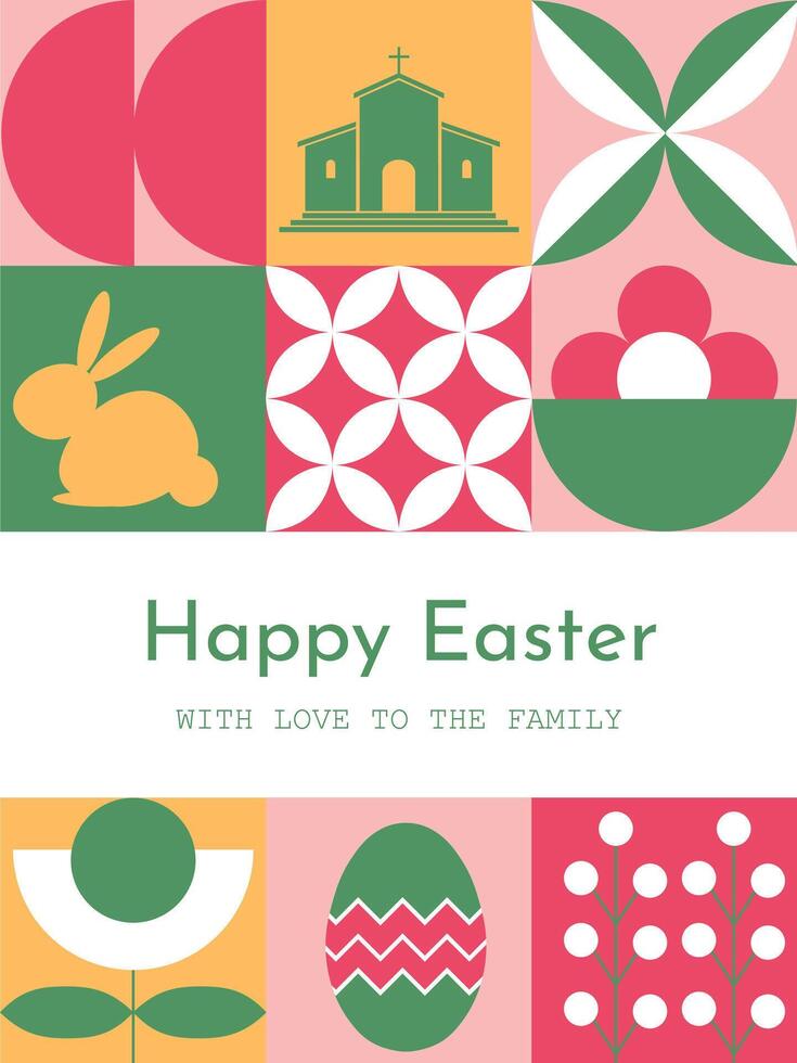 Easter greeting geometric banner featuring simple holiday symbols like eggs, bunnies, and flowers with wishing text. Ideal for posters, flyers, covers, and web greetings vector