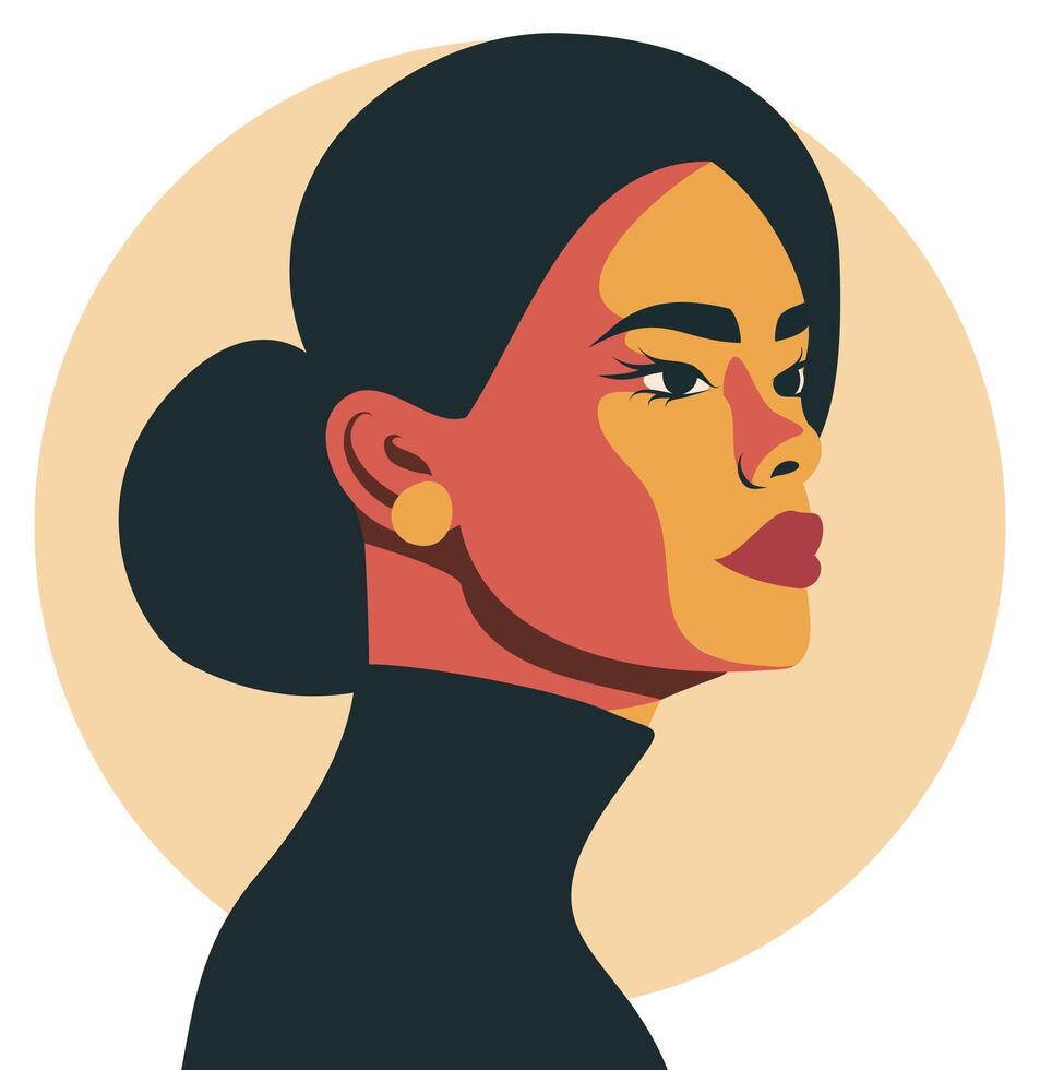 flat illustration of a bright female avatar portrait on a beige background. Avatar icons user profile media, design and development of websites and applications, icons vector