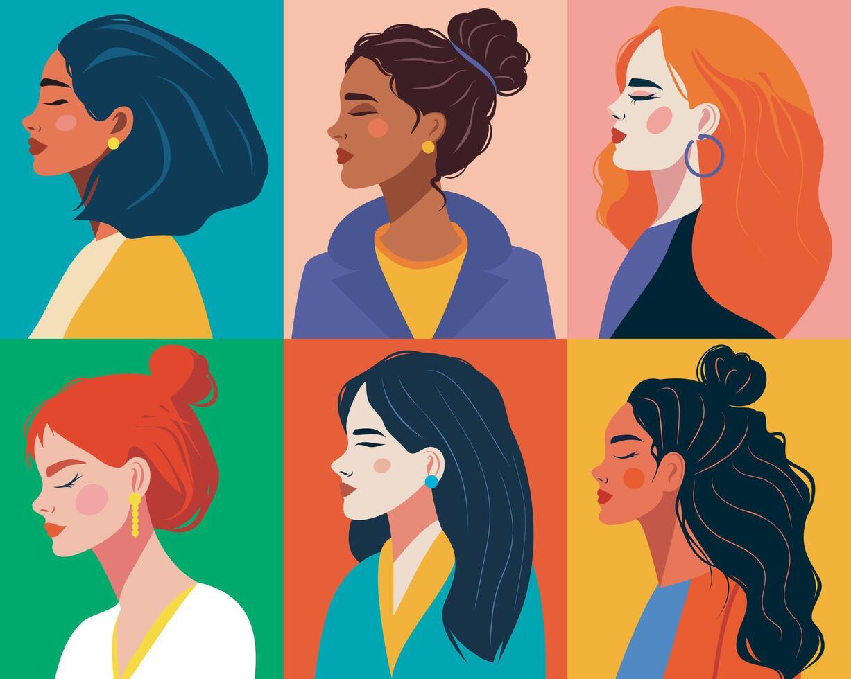 flat set collection of many avatars of women of different ethnic groups with different beauty hairstyles and skin color. Concept of the movement for gender equality and women's empowerment vector