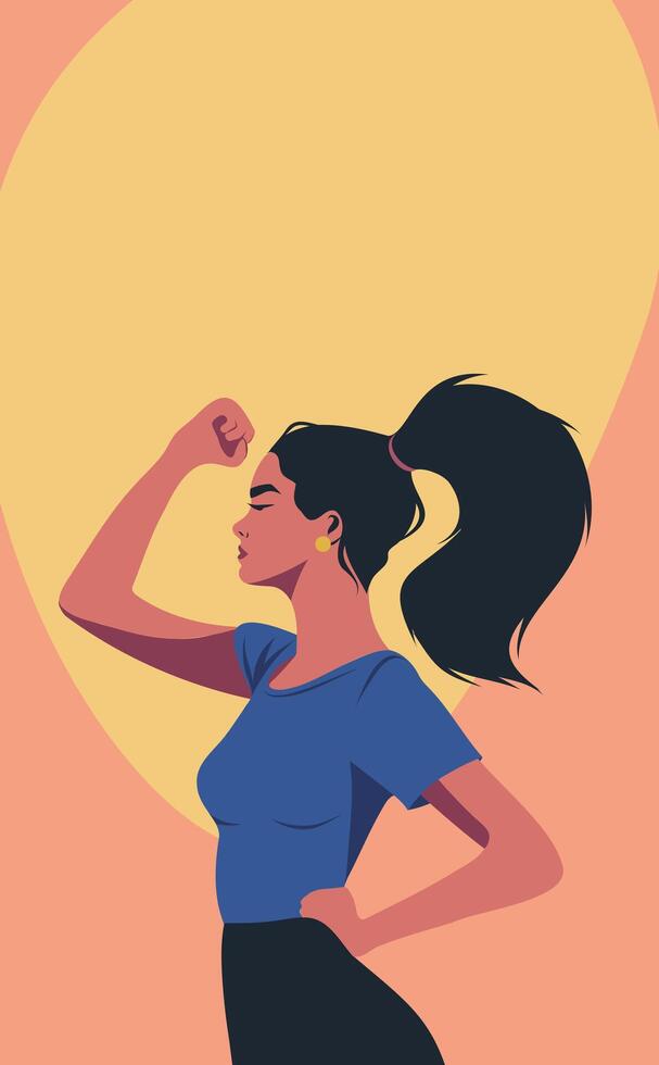illustration, banner with place for text, portrait of a woman, girl showing fist, feminism, freedom struggle, protest concept, protection of women's rights, symbol of female power. vector
