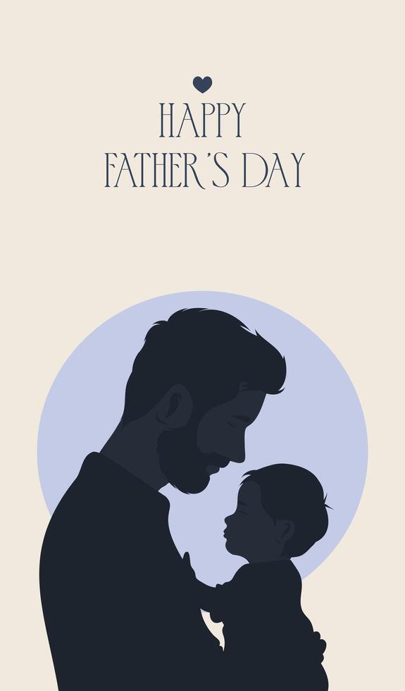 illustration of a cute Happy Father's Day card, silhouette of a small child son daughter in the arms of his father vector