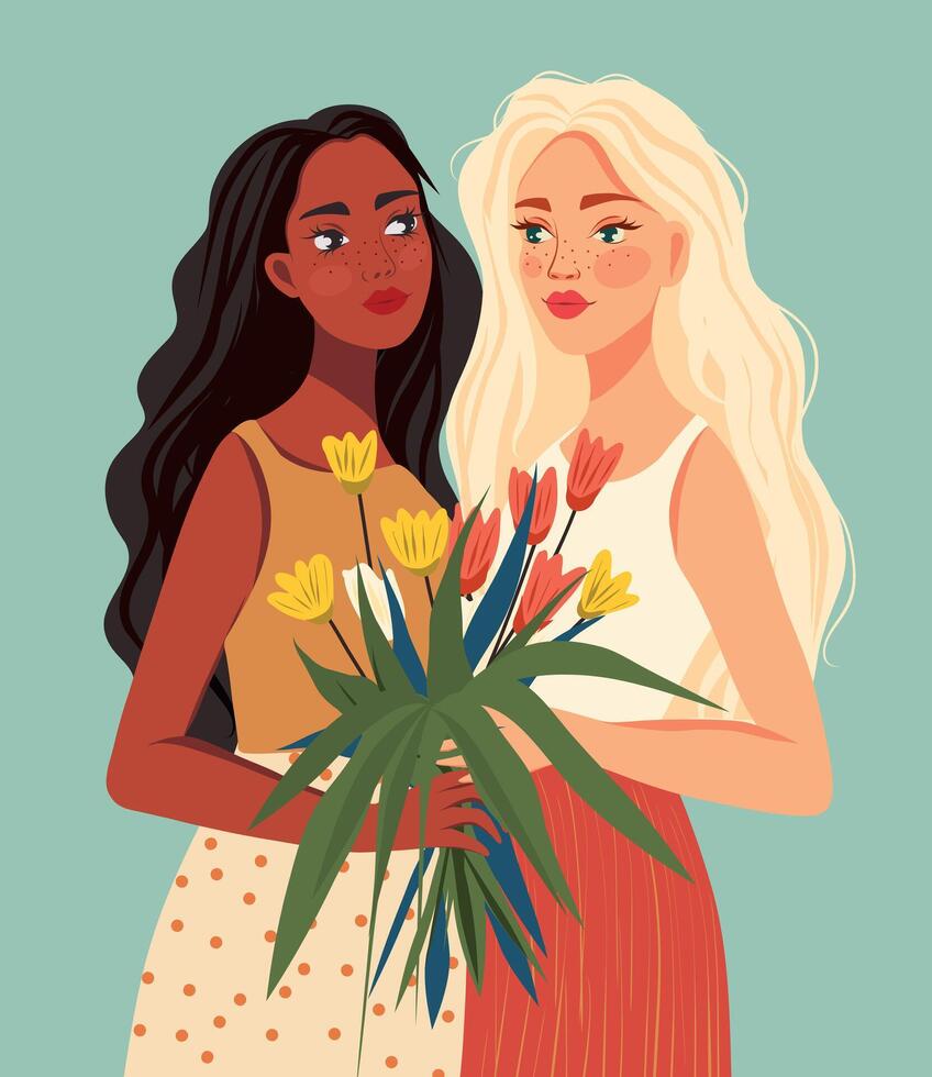 illustration of two girls of different cultures standing next to spring flowers in their hands. Concept movement for gender equality and women's empowerment vector