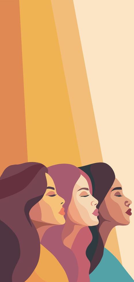 vertical banner of feminists, women of different cultures and nationalities stand side by side. Women's Day. concept of movement for gender equality and women's empowerment vector