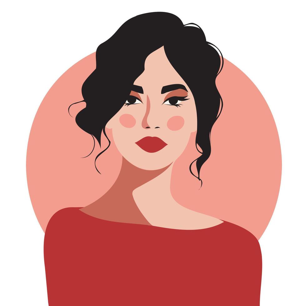 flat illustration of bright portrait of woman brunette avatar on pink background. Avatar icons user profile media, design and development of websites and applications, icons vector